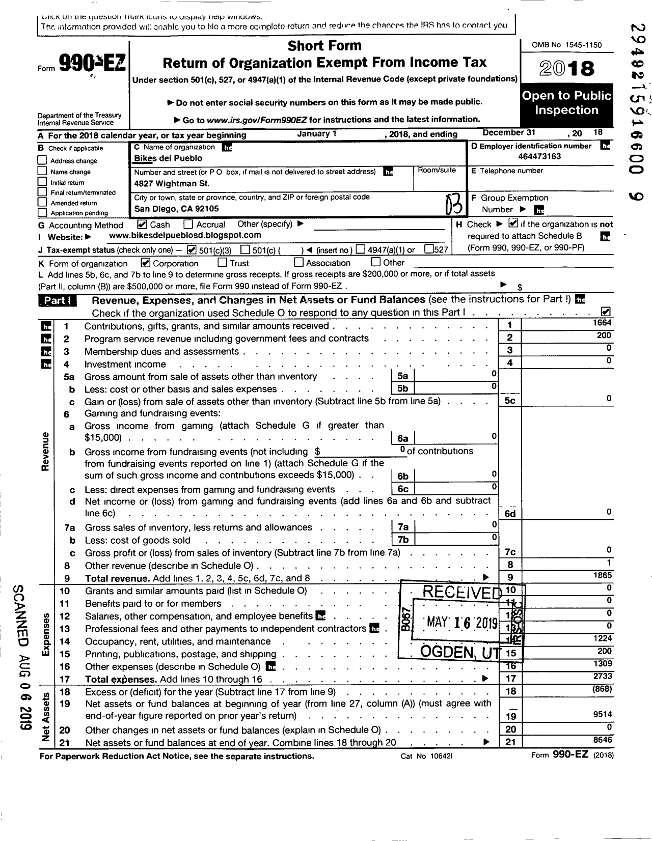 Image of first page of 2018 Form 990EZ for Bikes Del Pueblo