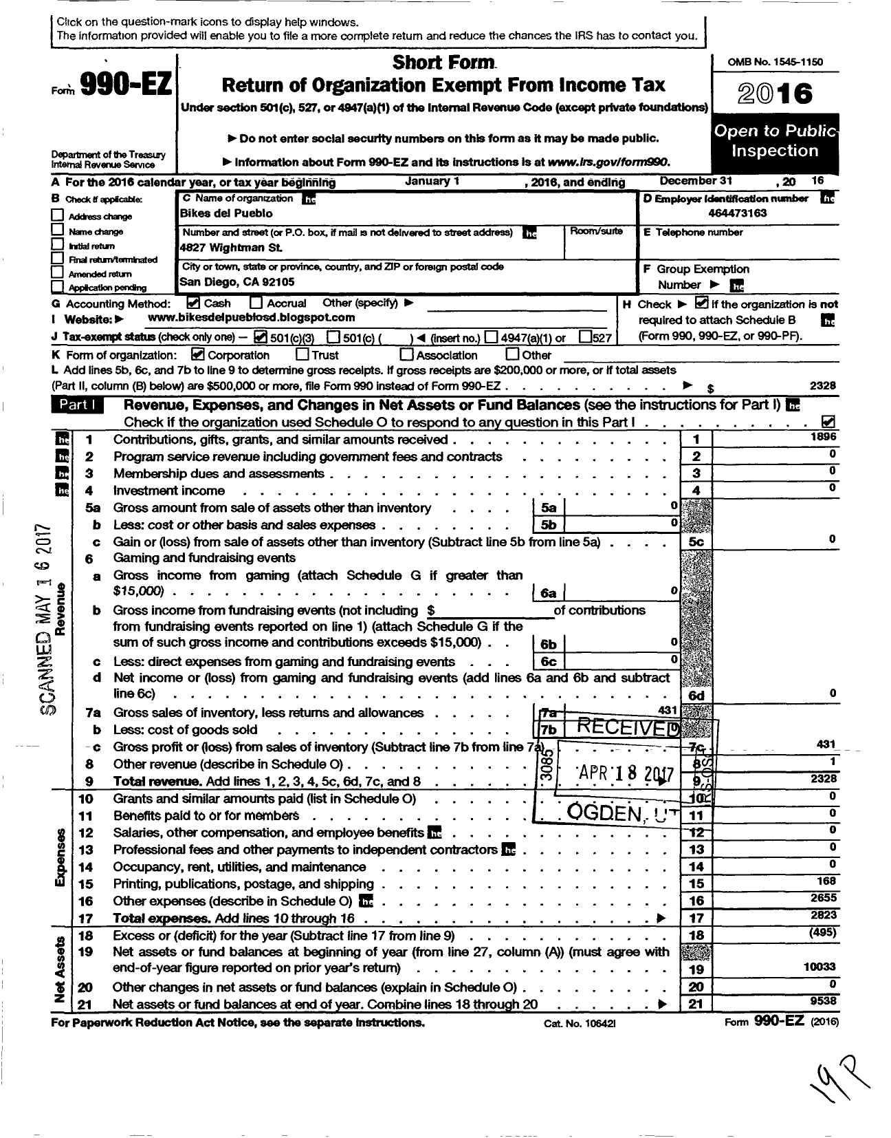 Image of first page of 2016 Form 990EZ for Bikes Del Pueblo