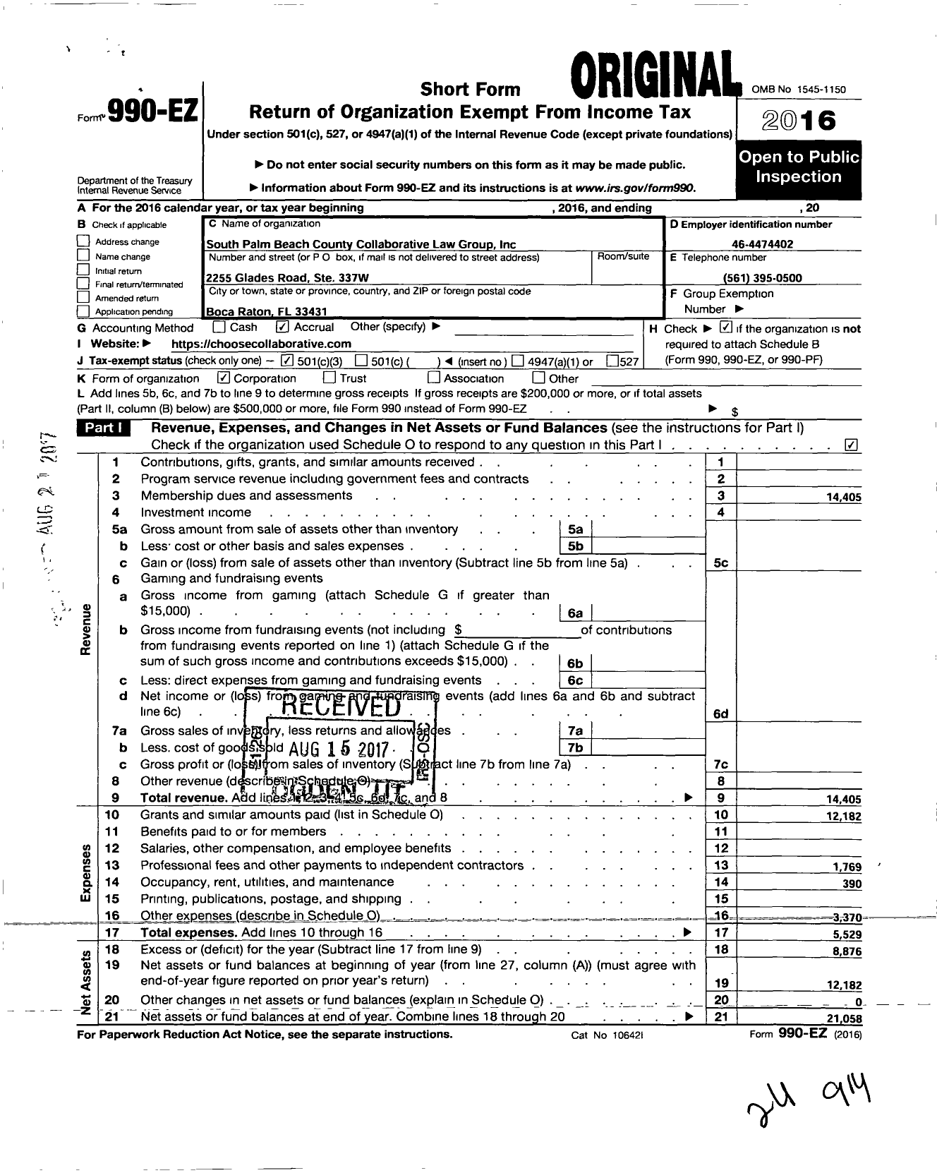 Image of first page of 2016 Form 990EZ for South Palm Beach County Collaborative Law Group