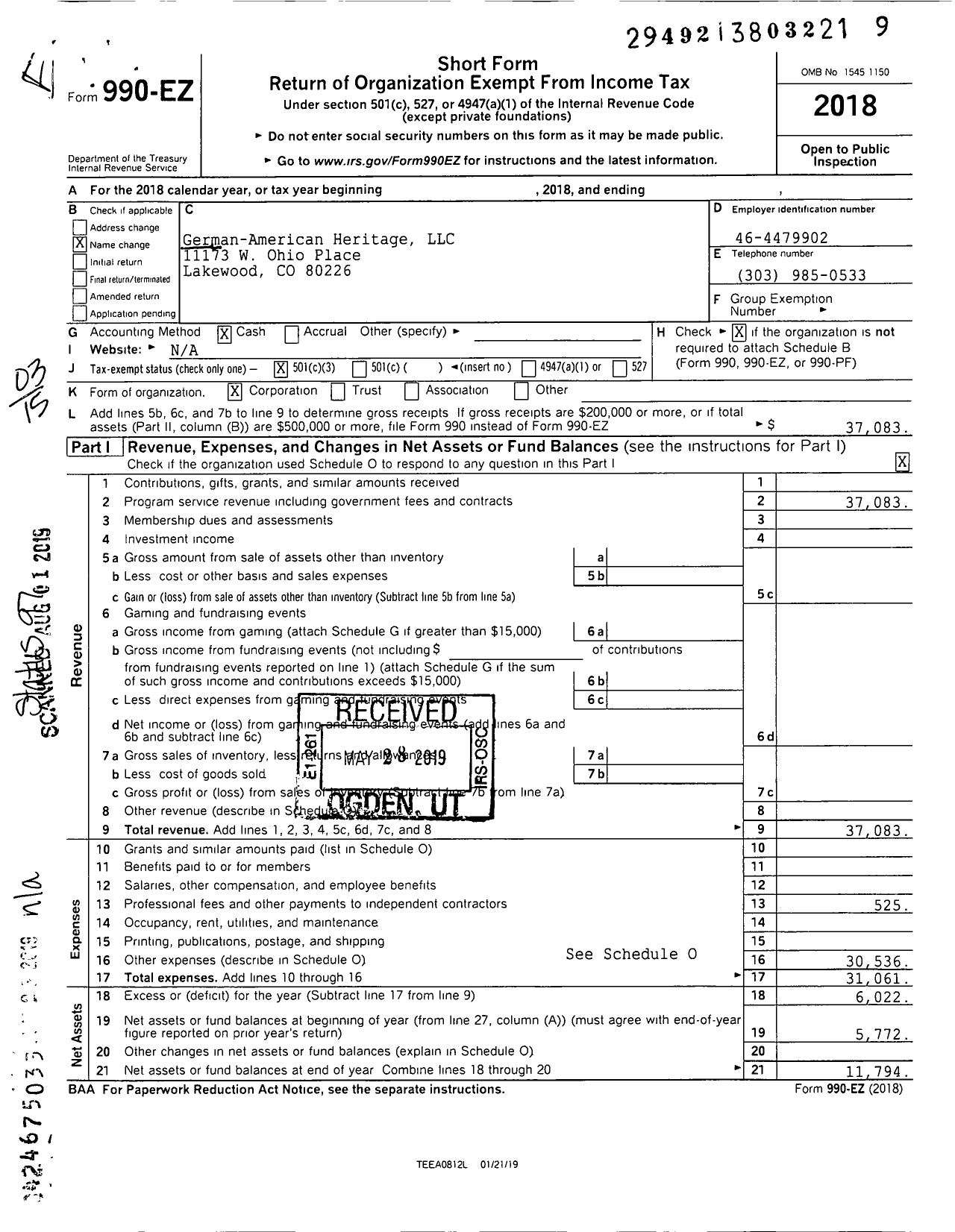 Image of first page of 2018 Form 990EZ for German Fest Denver LLC