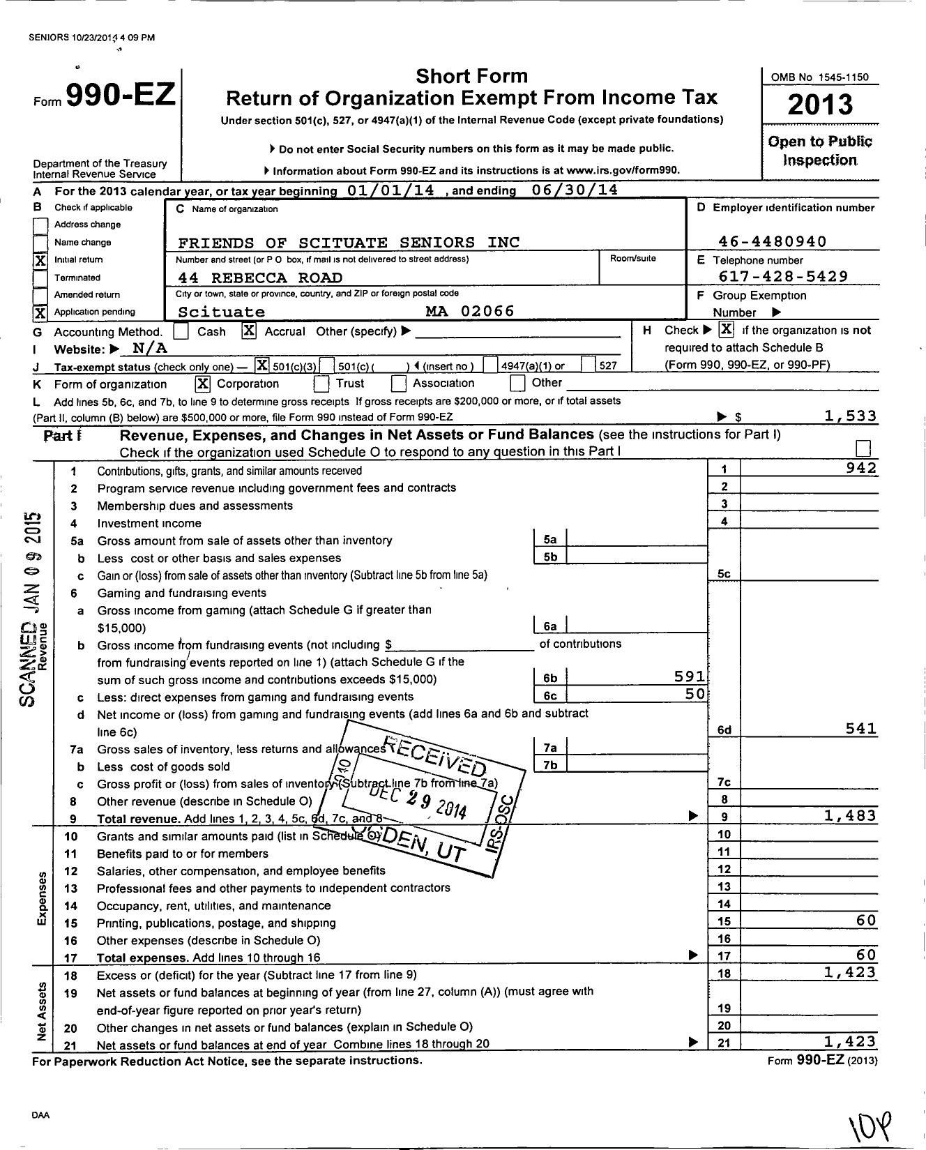 Image of first page of 2013 Form 990EZ for Friends of Scituate Seniors