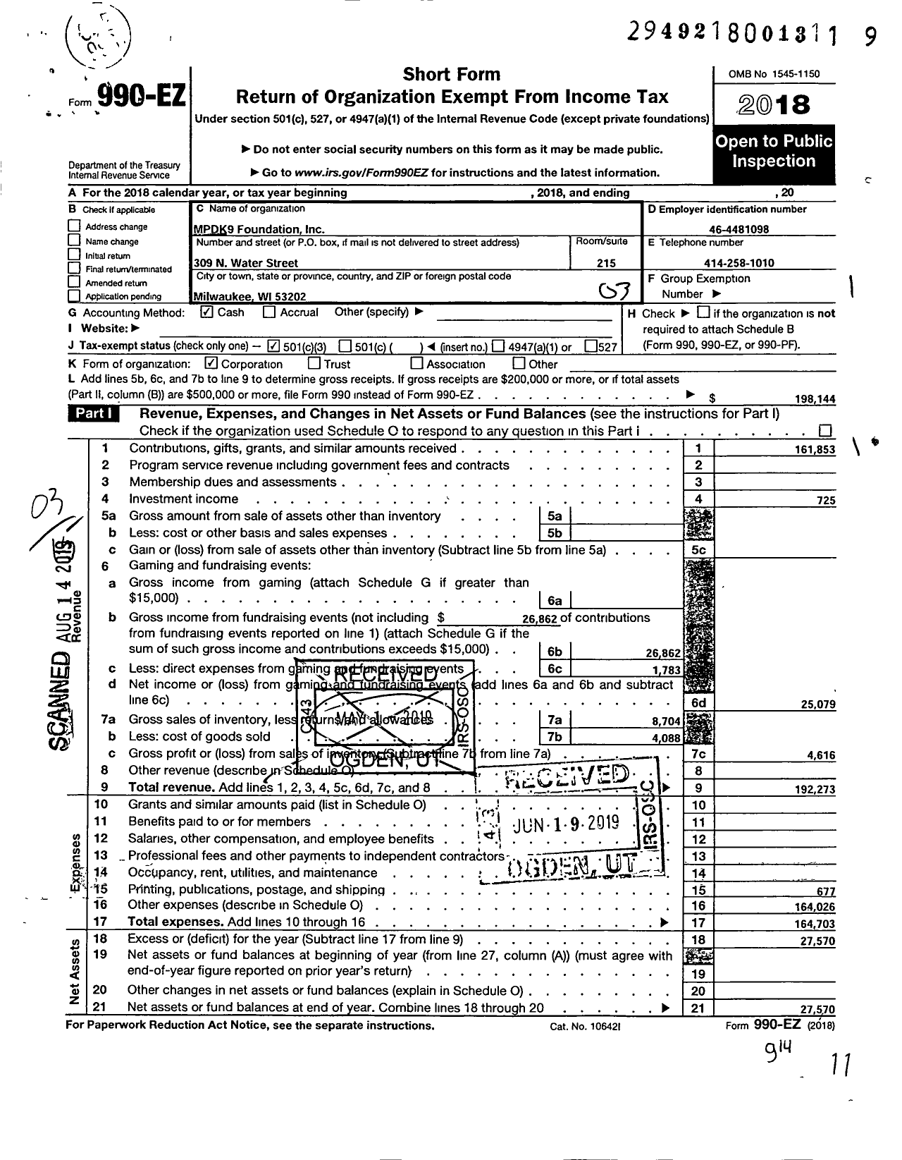 Image of first page of 2018 Form 990EZ for MPDK9 Foundation