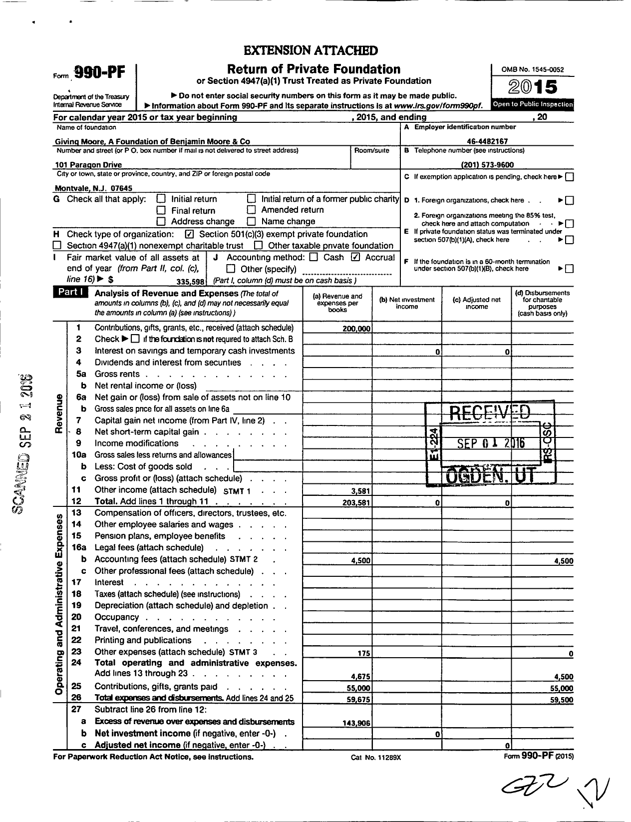 Image of first page of 2015 Form 990PF for Benjamin Moore and Foundation