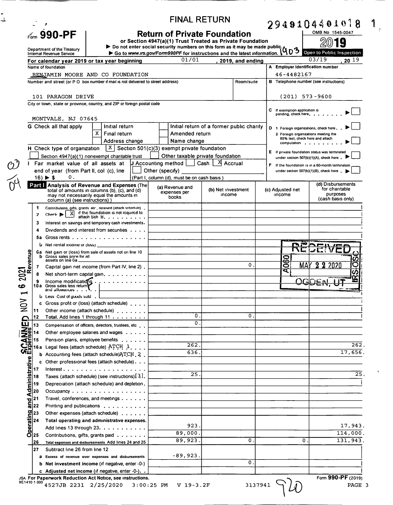 Image of first page of 2018 Form 990PF for Benjamin Moore and Foundation