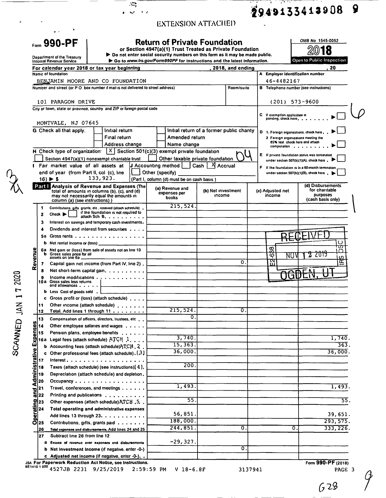 Image of first page of 2018 Form 990PF for Benjamin Moore and Foundation