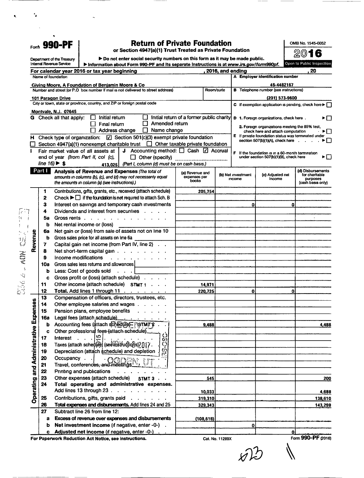 Image of first page of 2016 Form 990PF for Benjamin Moore and Foundation