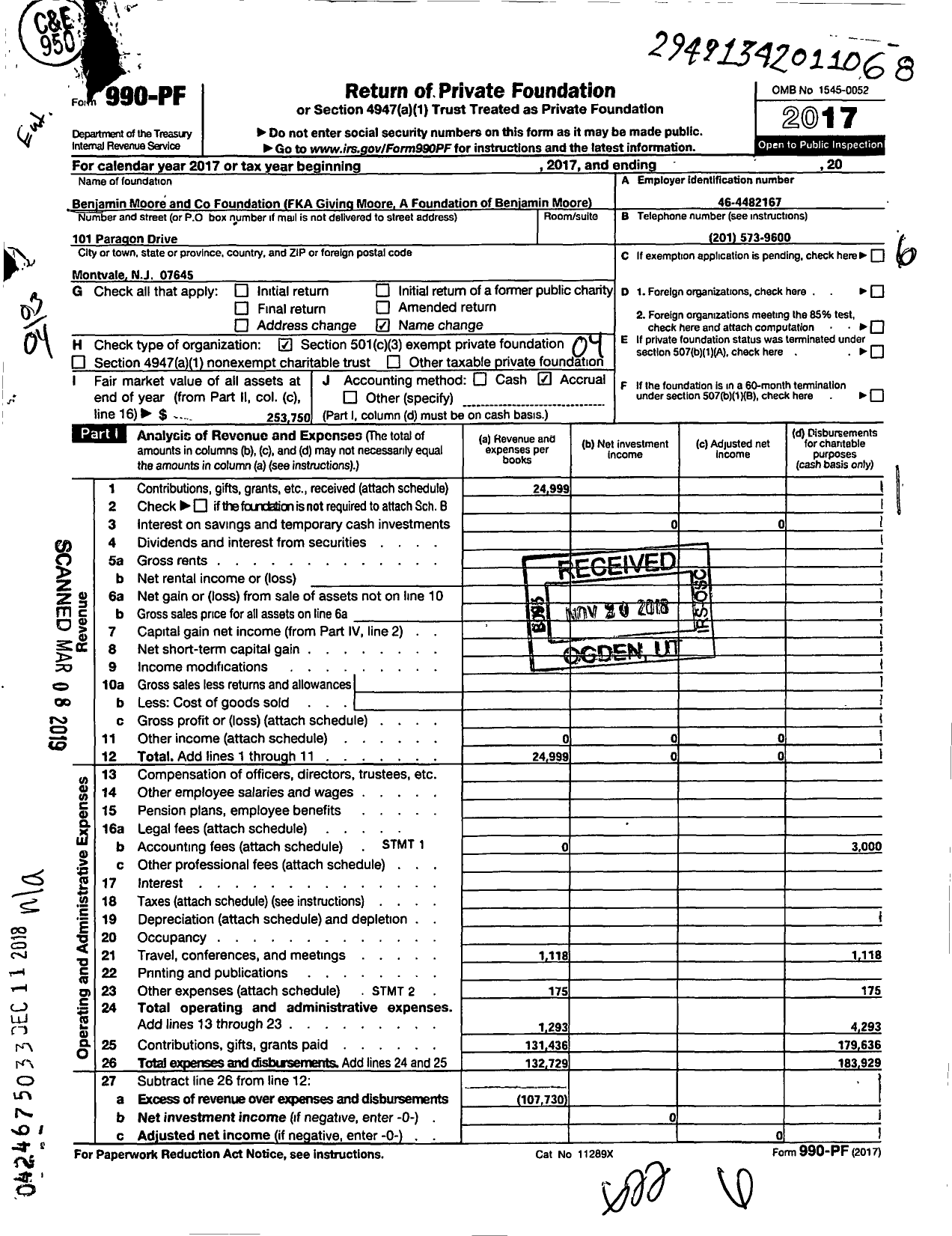 Image of first page of 2017 Form 990PF for Benjamin Moore and Foundation