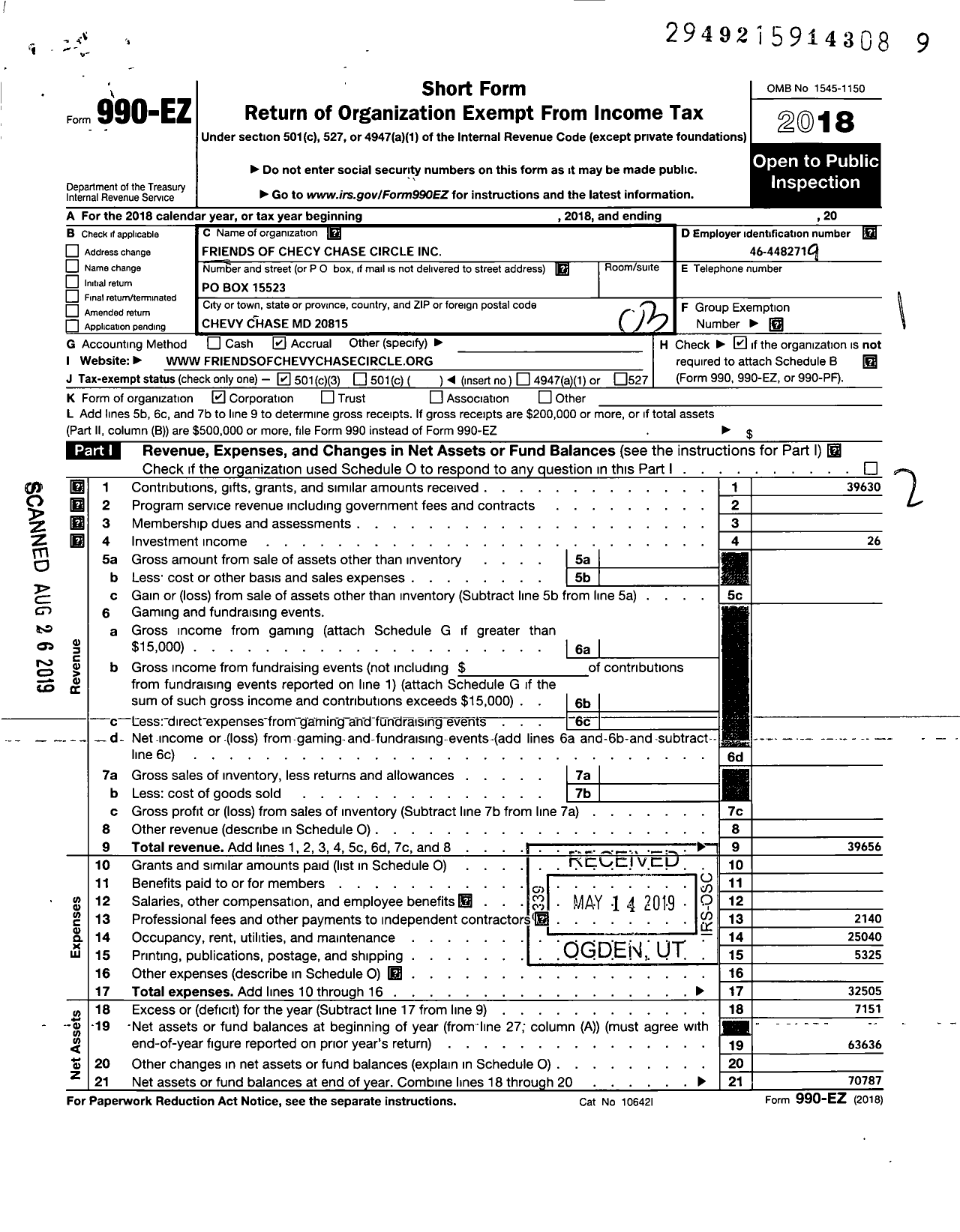 Image of first page of 2018 Form 990EZ for Friends of Chevy Chase Circle