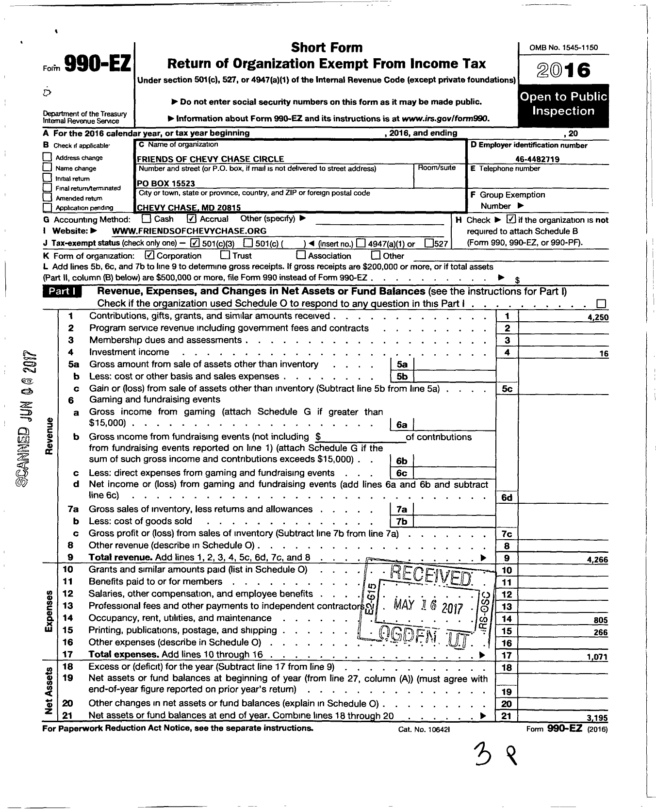 Image of first page of 2016 Form 990EZ for Friends of Chevy Chase Circle