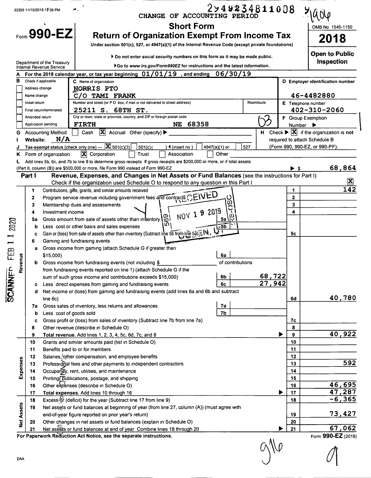 Image of first page of 2018 Form 990EZ for Norris Pto