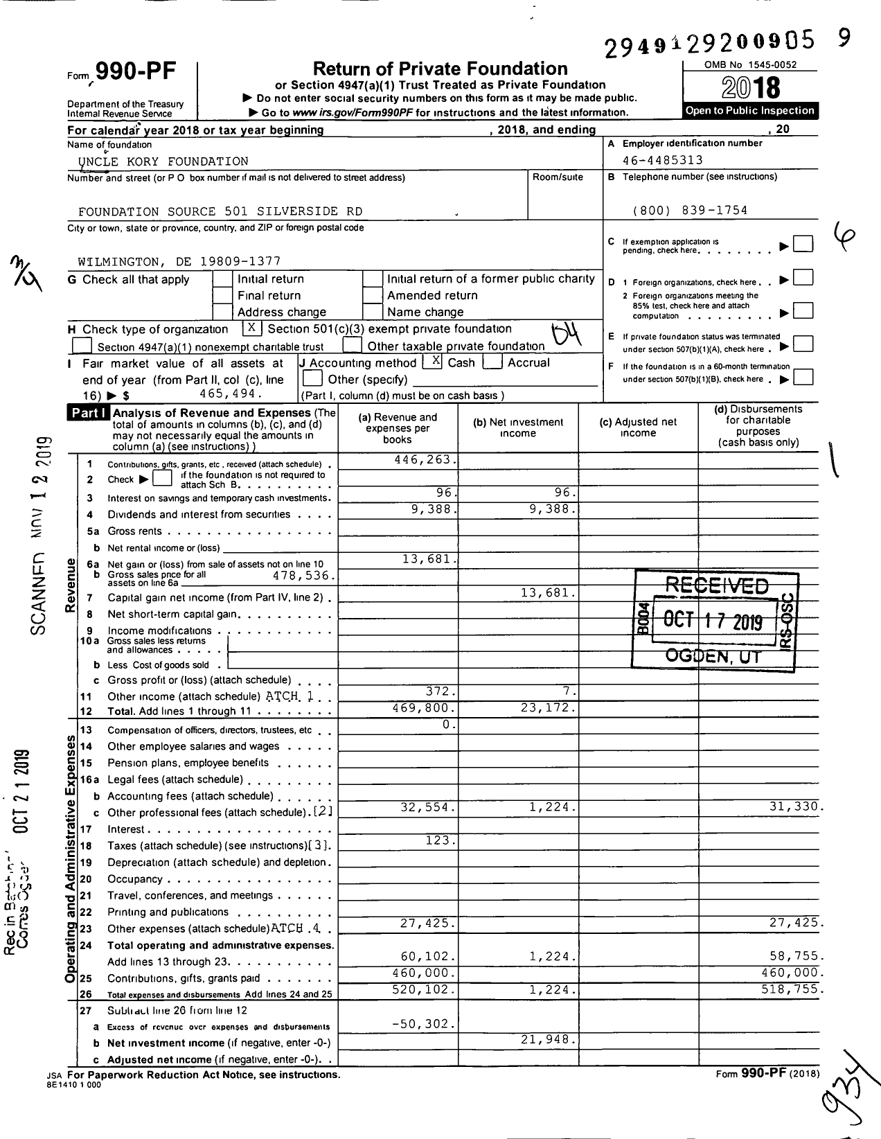 Image of first page of 2018 Form 990PF for Uncle Kory Foundation