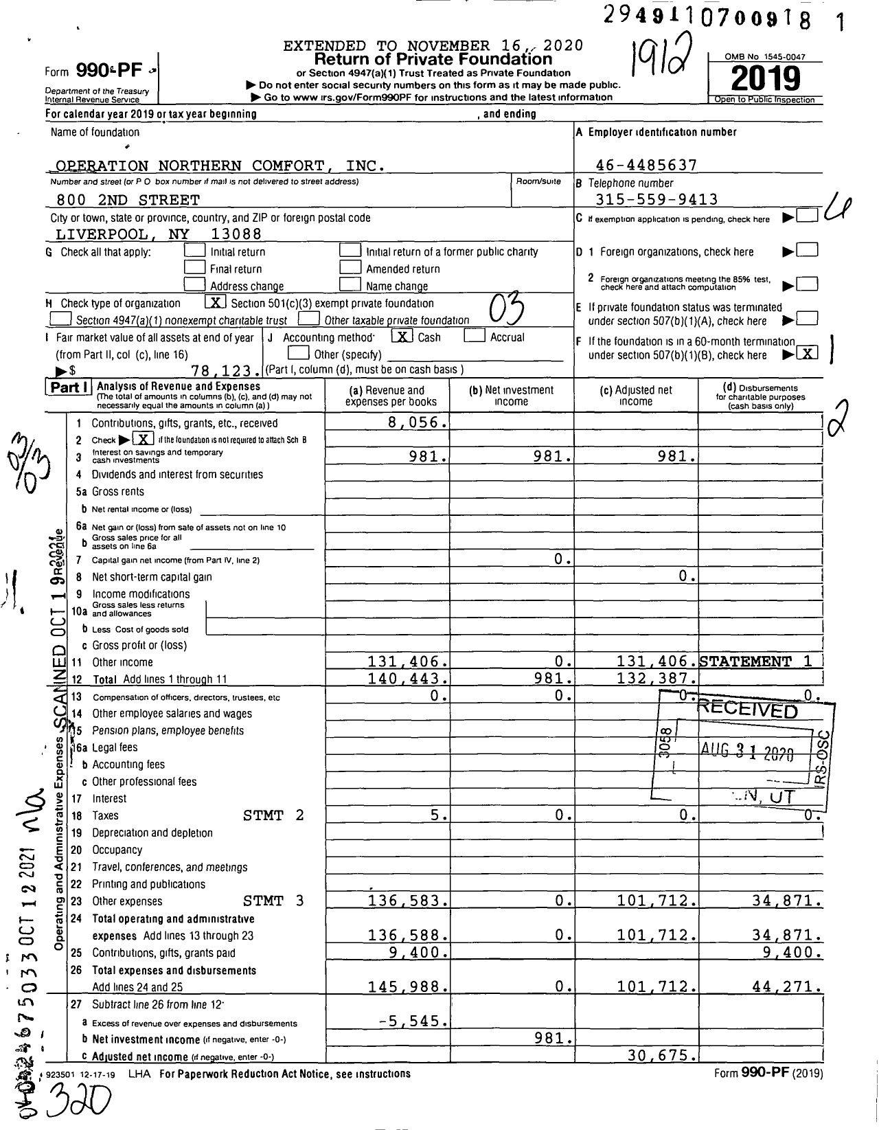 Image of first page of 2019 Form 990PF for Operation Northern Comfort