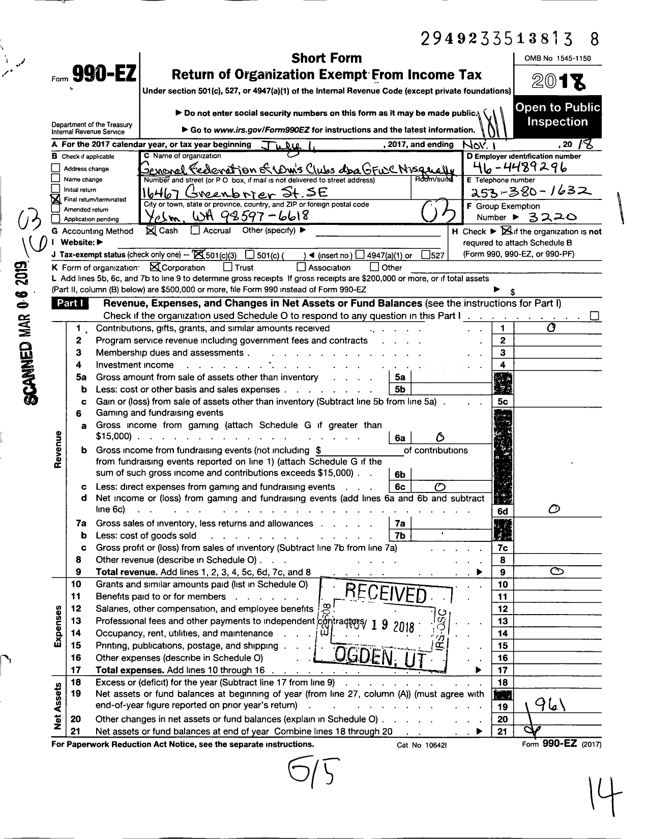 Image of first page of 2017 Form 990EZ for General Federation of WMS Clubs