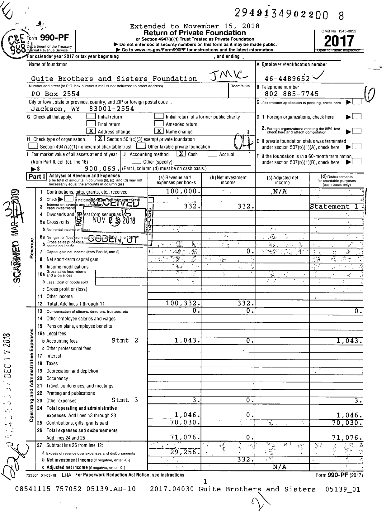 Image of first page of 2017 Form 990PF for Guite Brothers and Sisters Foundation