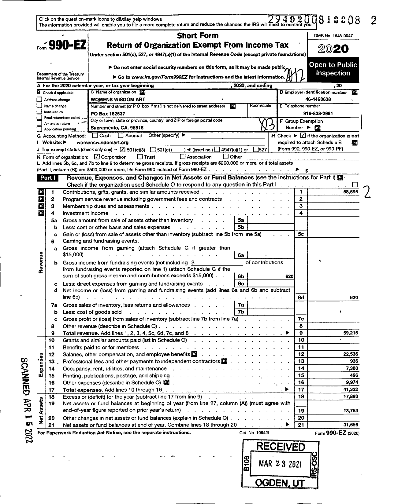 Image of first page of 2020 Form 990EZ for Womens Wisdom Art