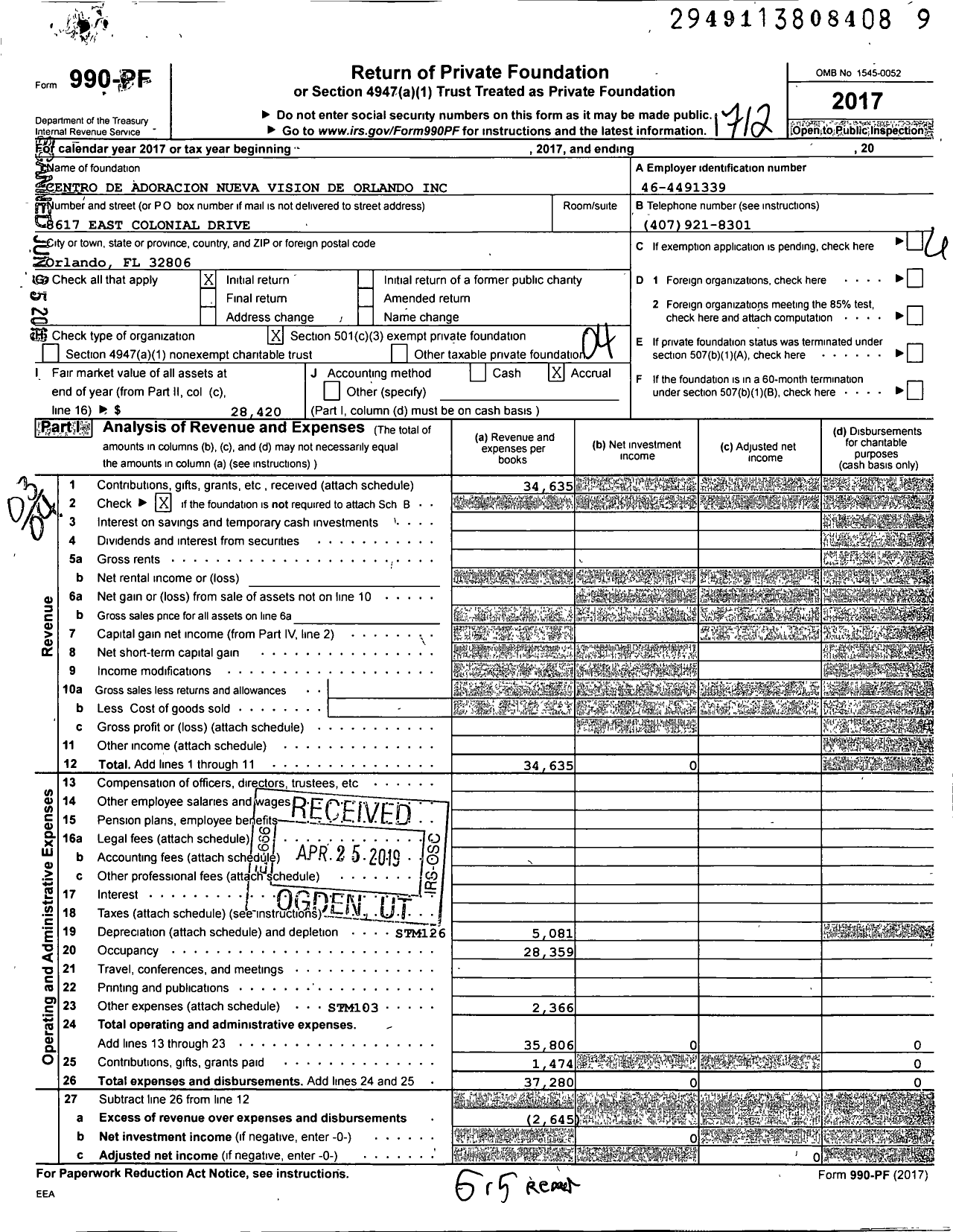 Image of first page of 2017 Form 990PF for Centro de Adoracion Nueva Vision de Orlando