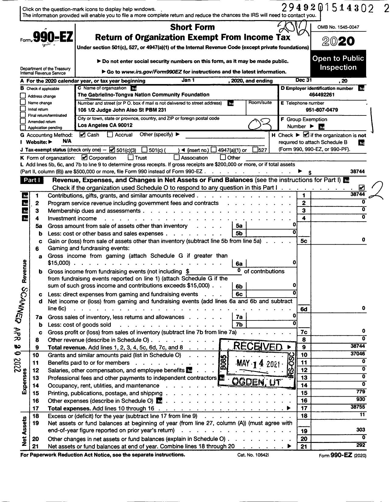 Image of first page of 2020 Form 990EZ for The Gabrielino-Tongva Nation Community Foundation