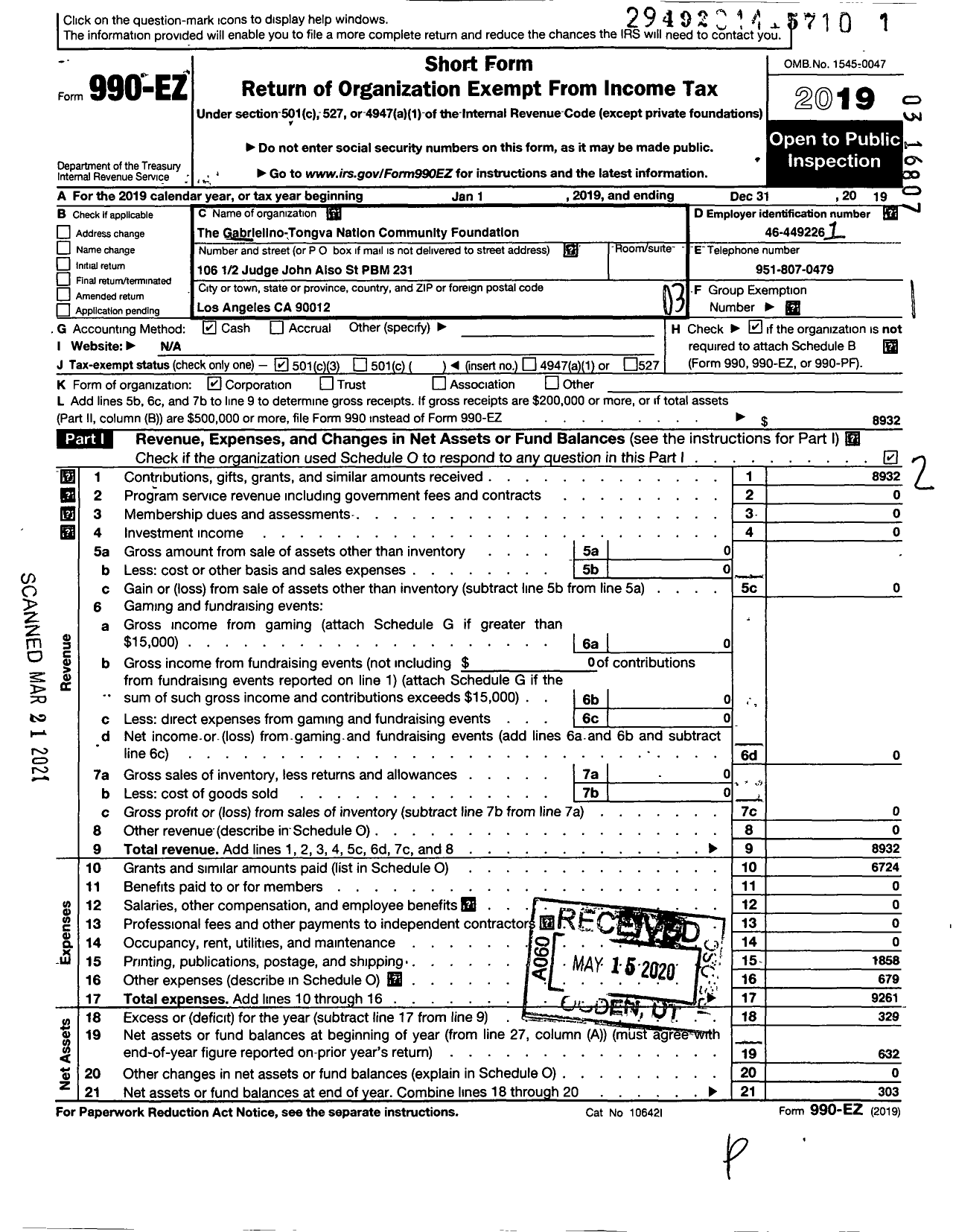 Image of first page of 2019 Form 990EZ for The Gabrielino-Tongva Nation Community Foundation