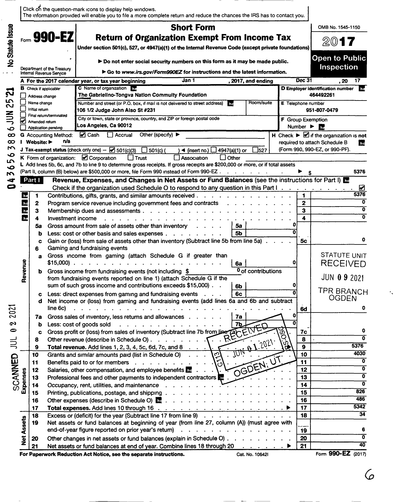 Image of first page of 2017 Form 990EA for The Gabrielino-Tongva Nation Community Foundation