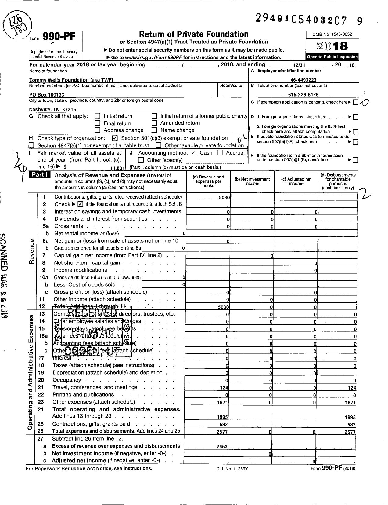 Image of first page of 2018 Form 990PF for Tommy Wells Foundation (TWF)