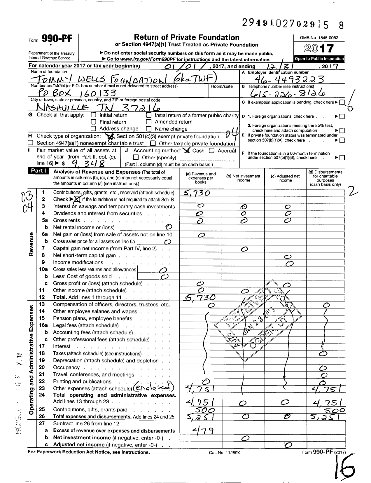 Image of first page of 2017 Form 990PF for Tommy Wells Foundation (TWF)