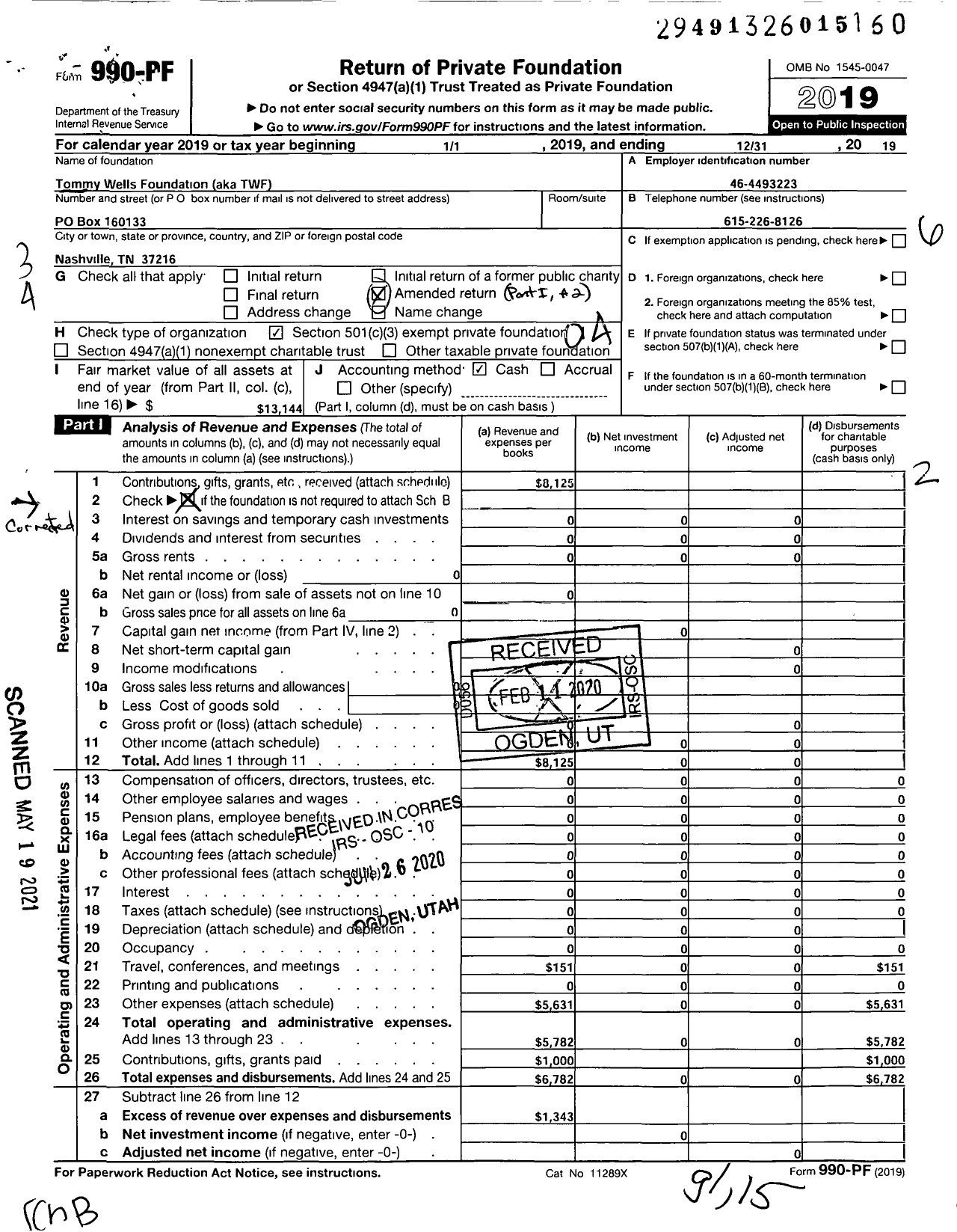 Image of first page of 2019 Form 990PF for Tommy Wells Foundation (TWF)