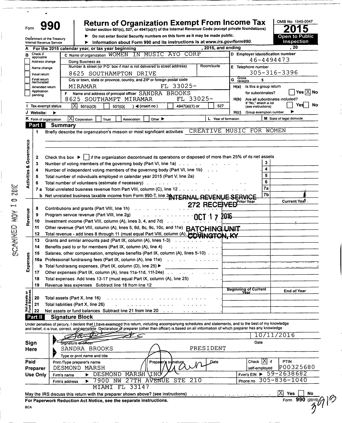 Image of first page of 2015 Form 990 for Women in Music Ayo Corporation