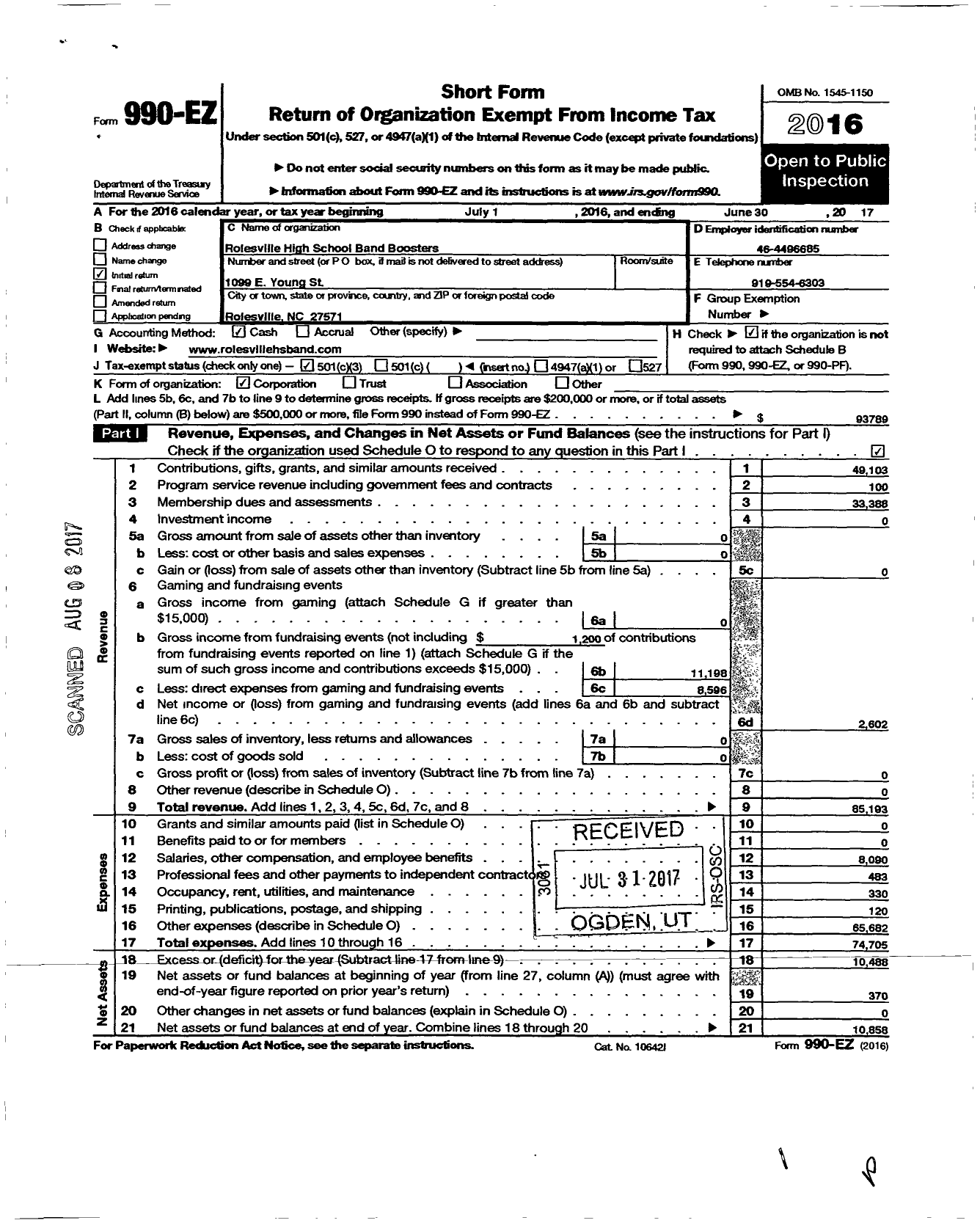 Image of first page of 2016 Form 990EZ for Rolesville High School Band Boosters