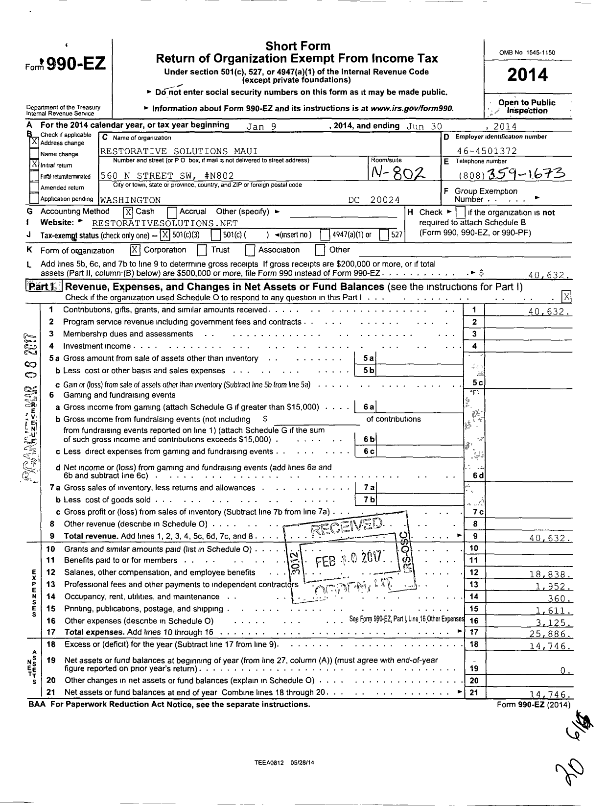 Image of first page of 2013 Form 990EZ for Restorative Solutions Maui