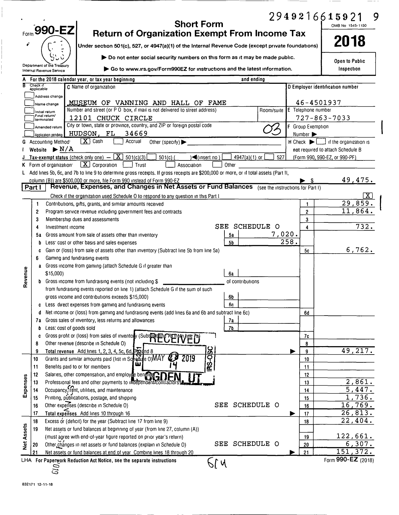 Image of first page of 2018 Form 990EZ for Museum of Vanning and Hall of Fame