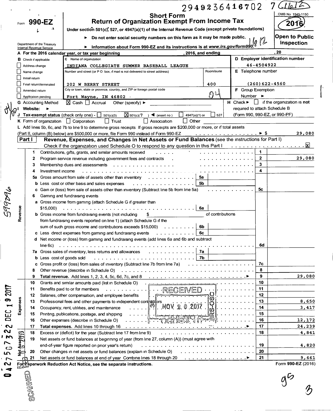 Image of first page of 2016 Form 990EO for Indiana Collegiate Summer Baseball League