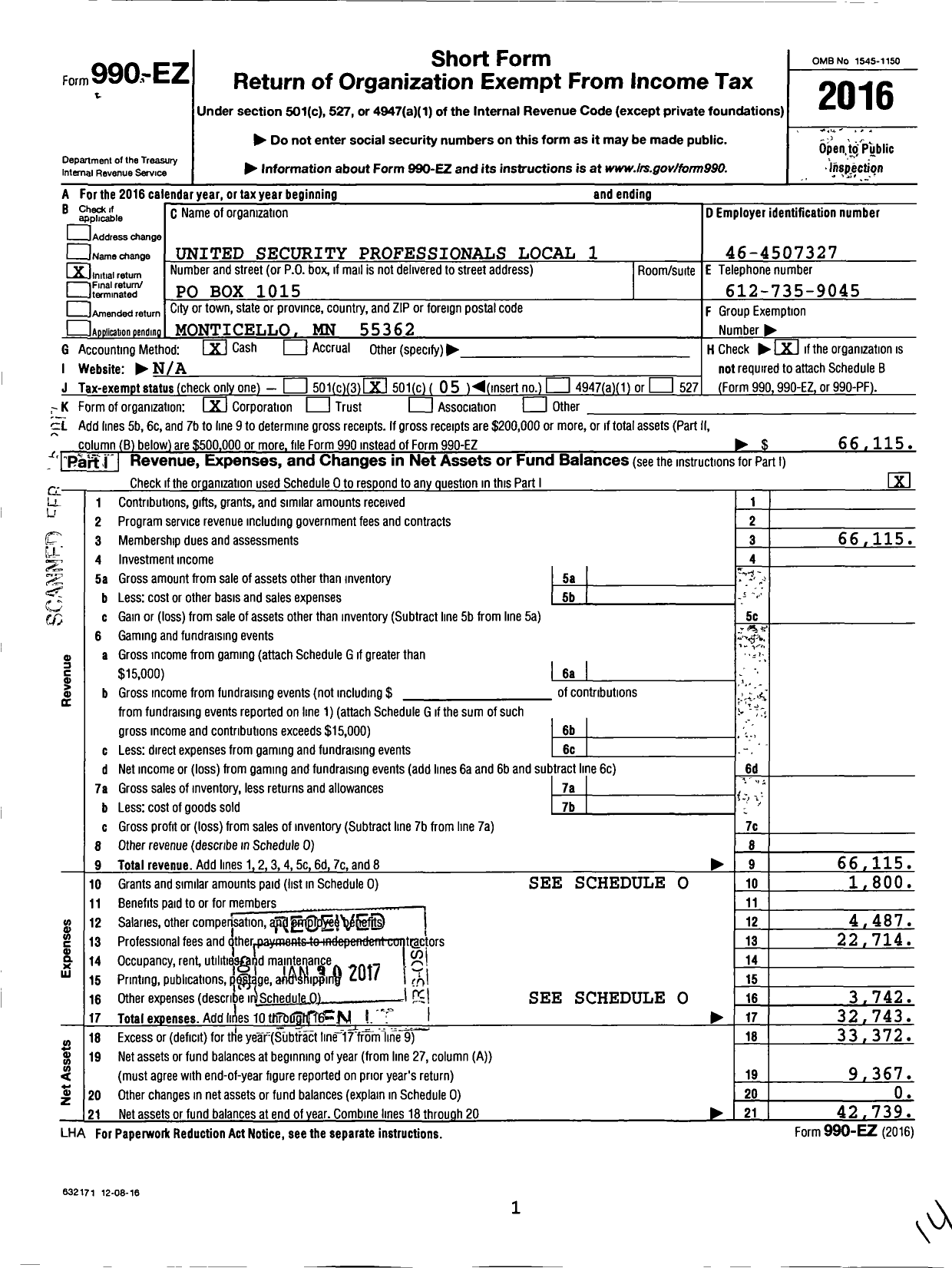 Image of first page of 2016 Form 990EO for United Security Professionals Local 1