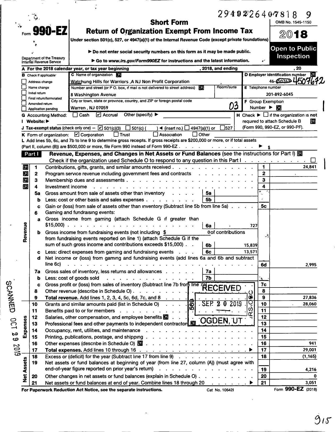 Image of first page of 2018 Form 990EZ for Watchung Hills for Warriors A Nonprofit Corporation