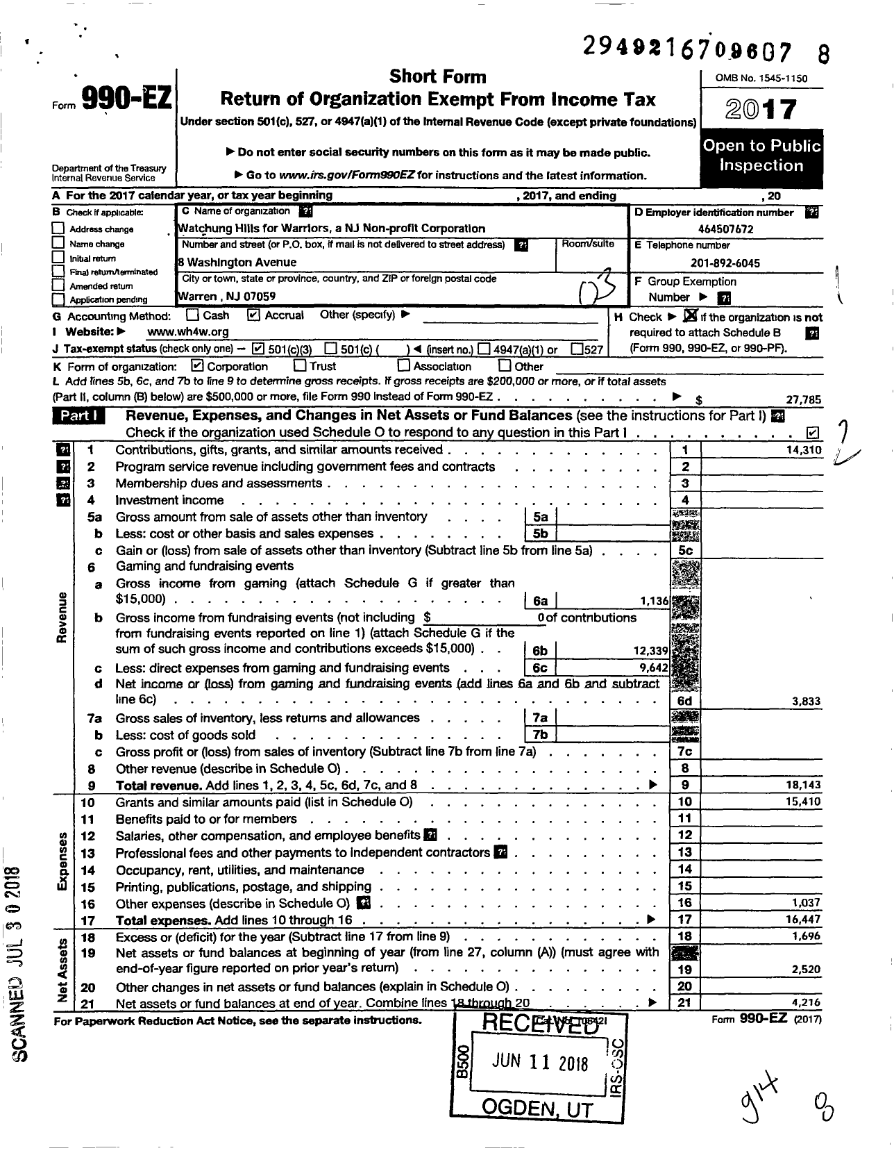 Image of first page of 2017 Form 990EZ for Watchung Hills for Warriors A Nonprofit Corporation
