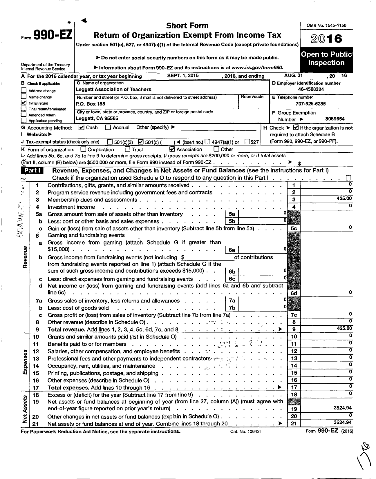 Image of first page of 2015 Form 990EO for California Teachers Association - Leggett Assoc of TCHRS