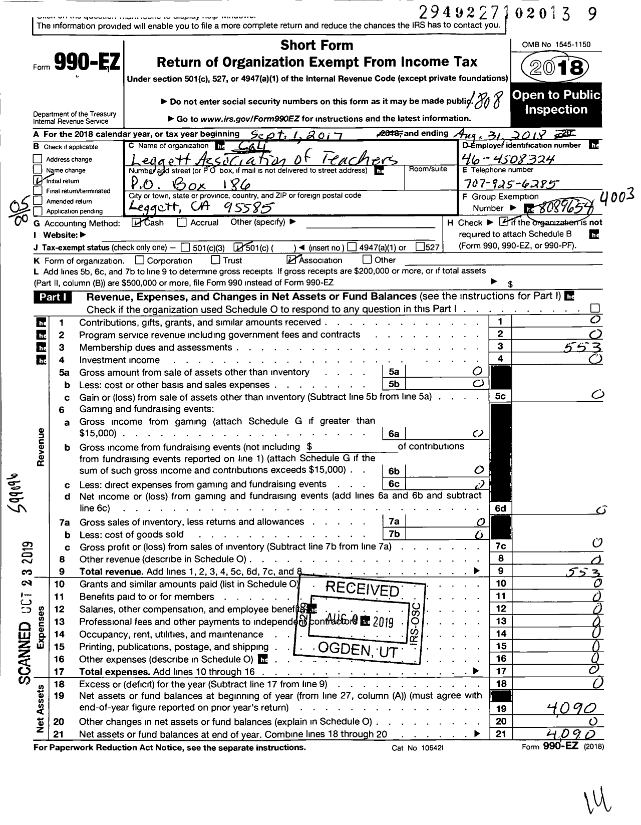 Image of first page of 2017 Form 990EO for California Teachers Association - Leggett Assoc of TCHRS