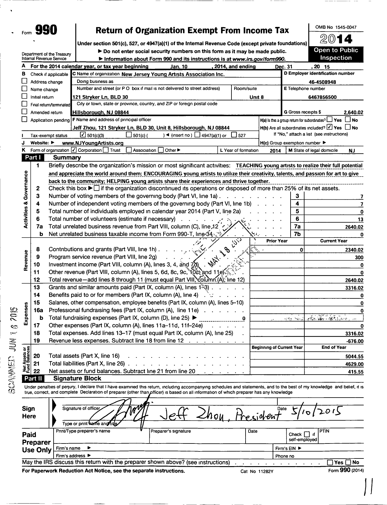 Image of first page of 2015 Form 990 for New Jersey Young Artists Association