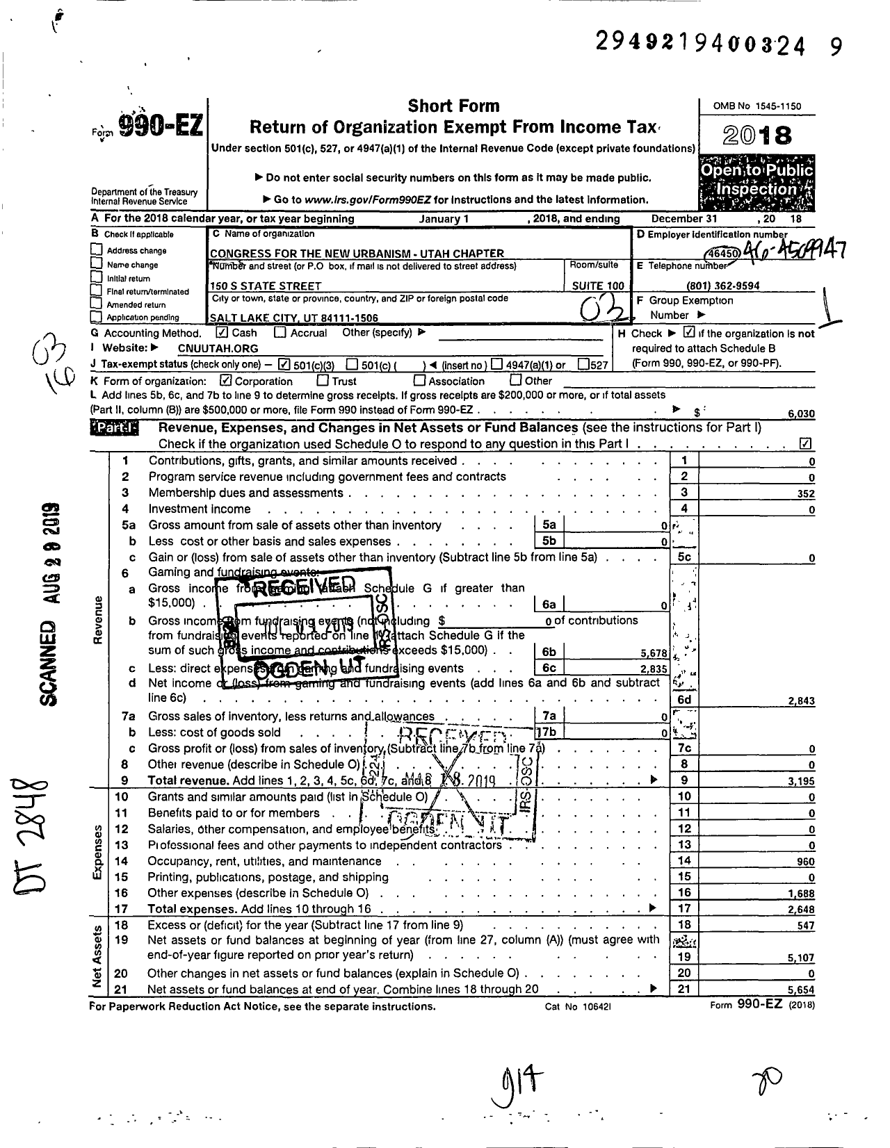 Image of first page of 2018 Form 990EZ for Congress for the New Urbanism - Utah Chapter