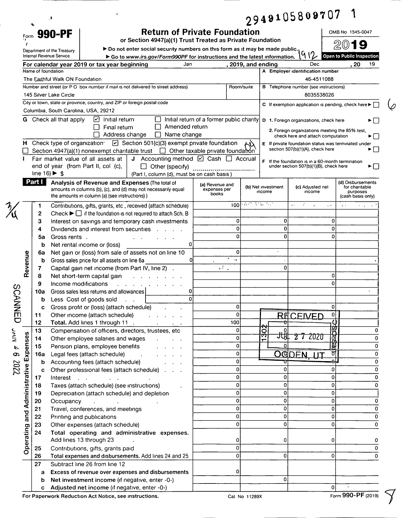 Image of first page of 2019 Form 990PF for Faithful Walk on Foundation