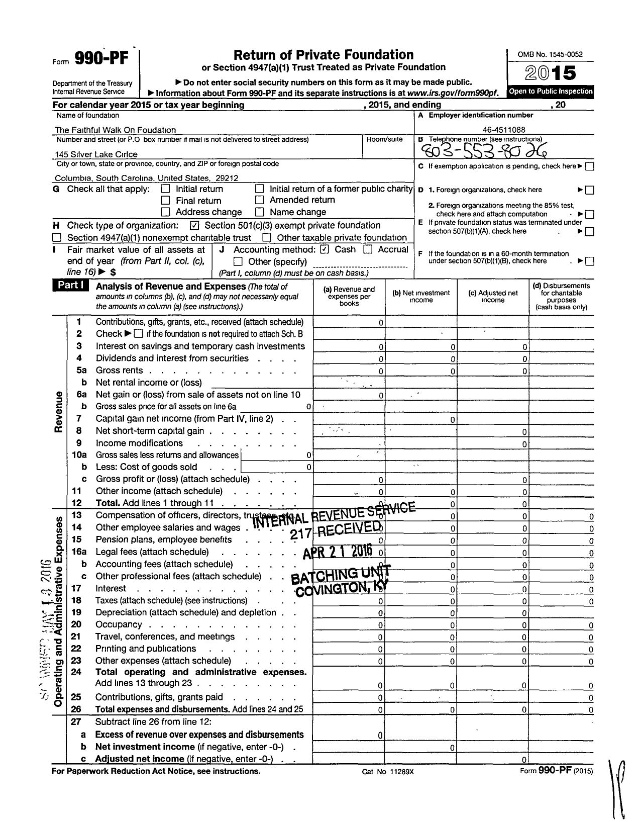 Image of first page of 2015 Form 990PF for Faithful Walk on Foundation