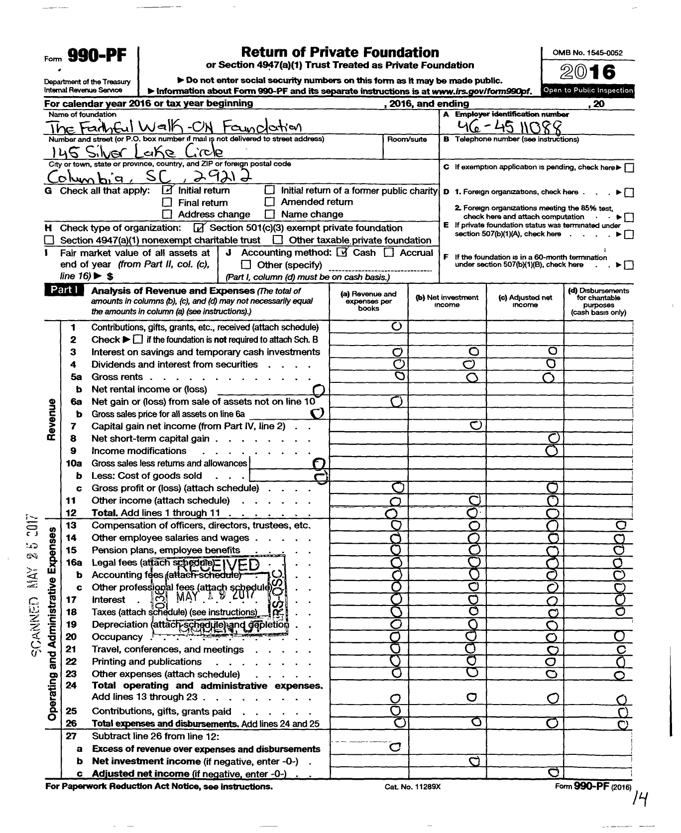 Image of first page of 2016 Form 990PF for Faithful Walk on Foundation