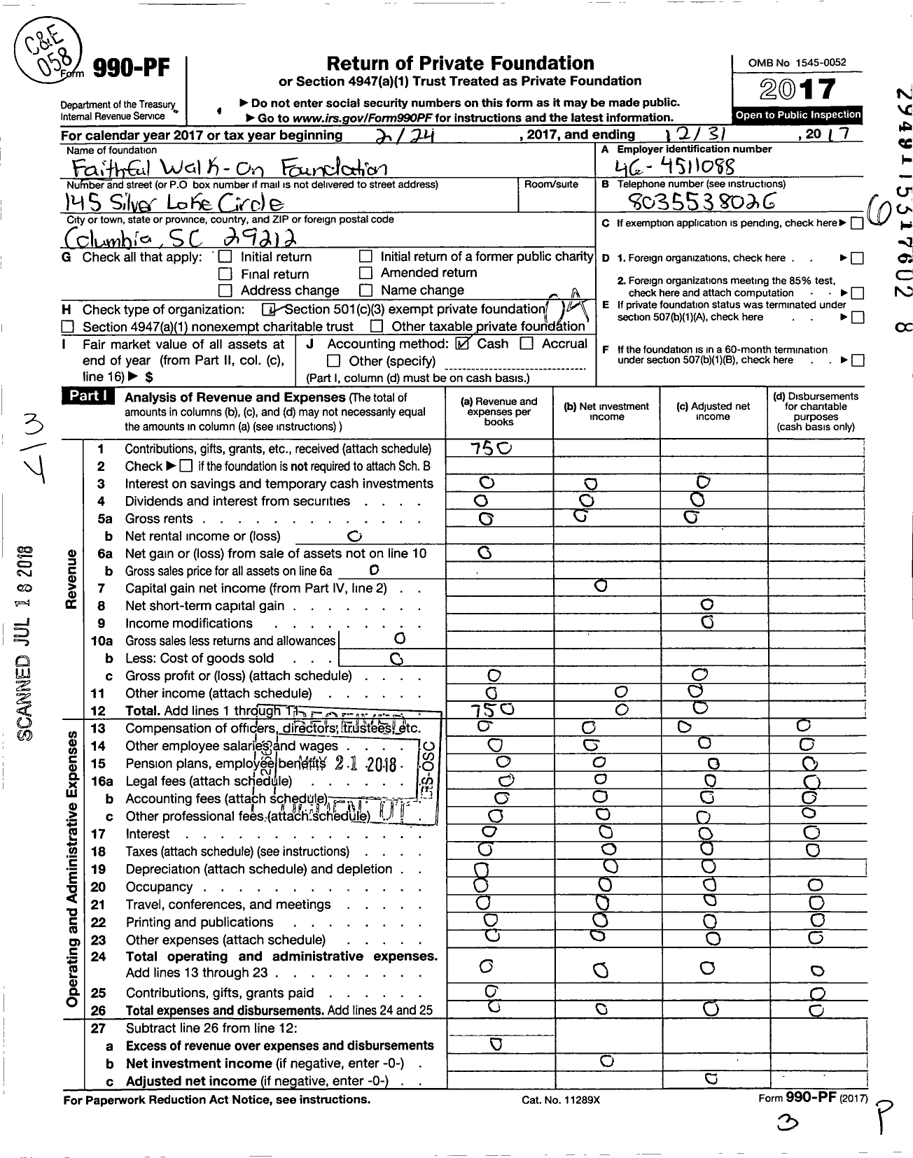 Image of first page of 2017 Form 990PF for Faithful Walk on Foundation