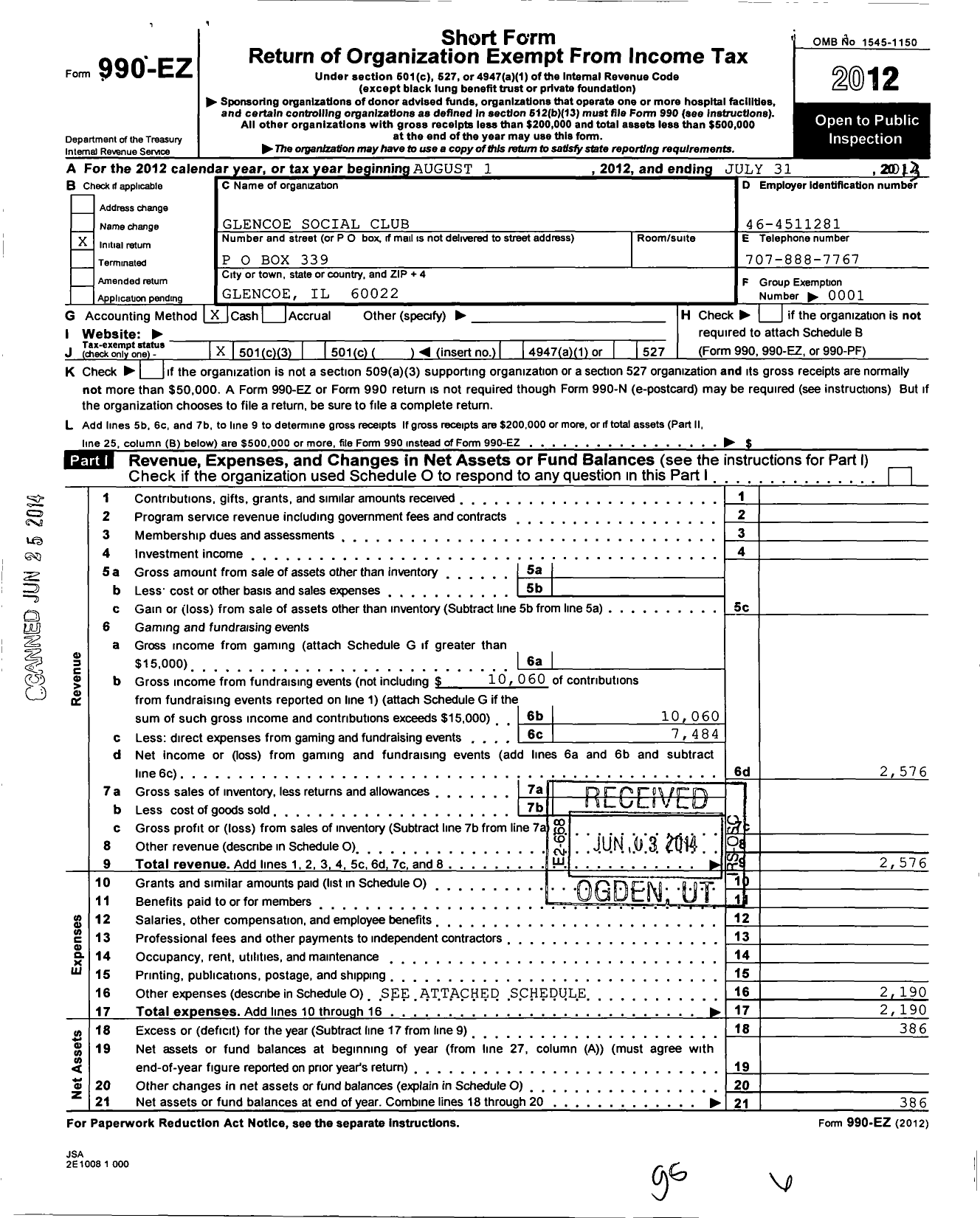 Image of first page of 2012 Form 990EZ for Glencoe Social Club