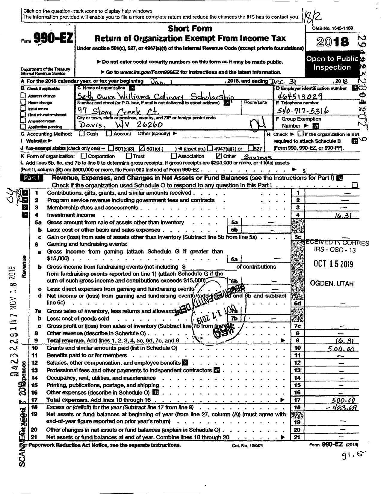 Image of first page of 2018 Form 990EO for Seth Owen Williams Scholarship Fund