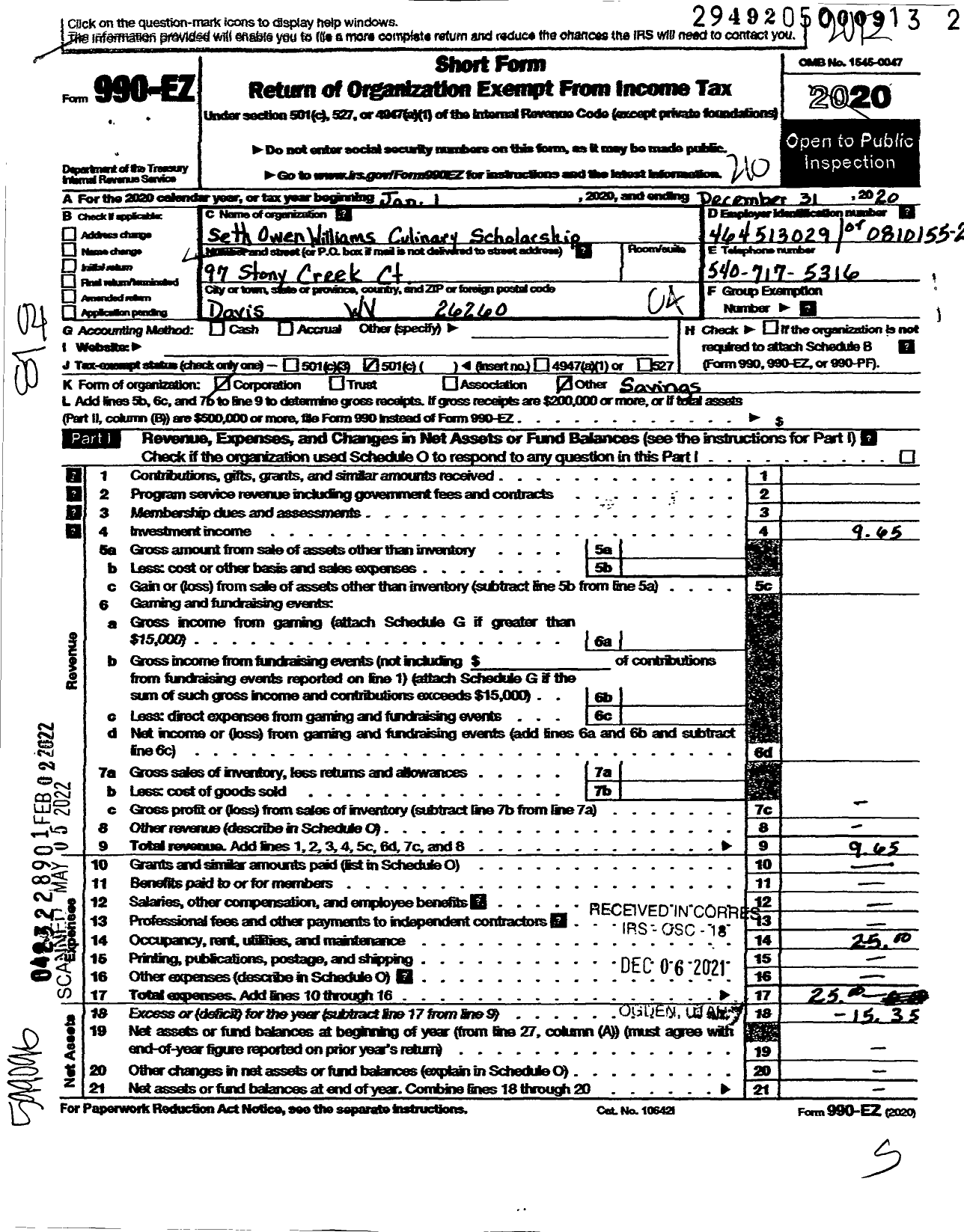 Image of first page of 2020 Form 990EO for Seth Owen Williams Scholarship Fund