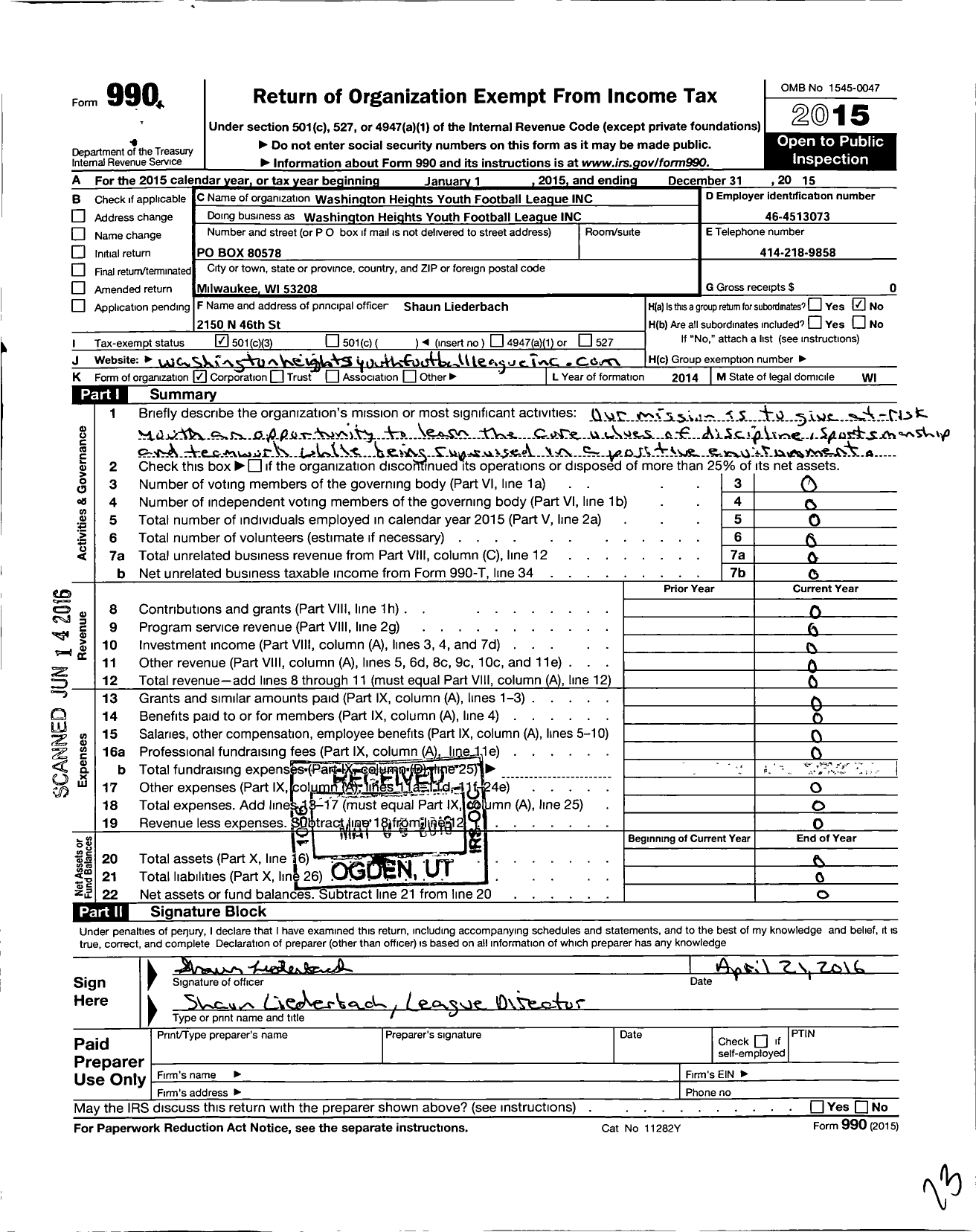 Image of first page of 2015 Form 990 for Washington Heights Youth Football League