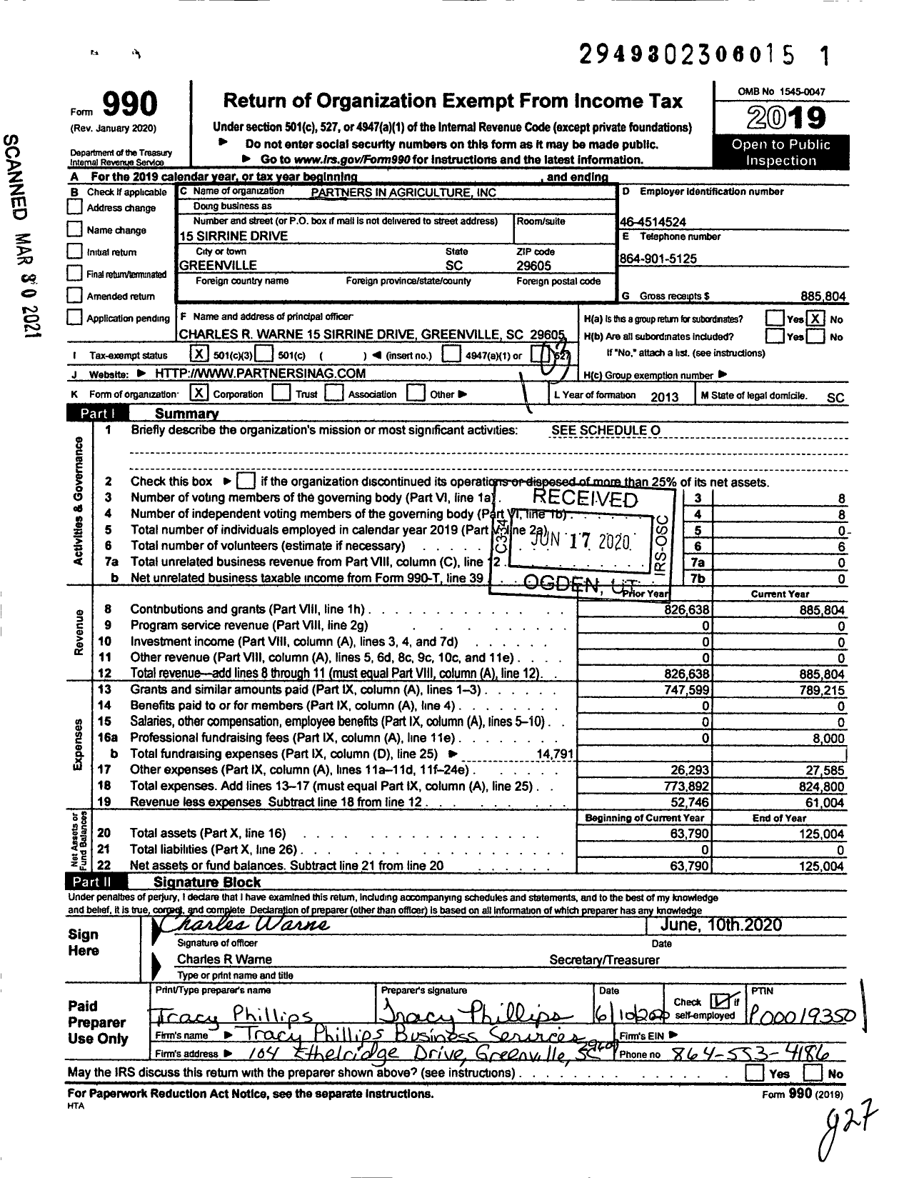 Image of first page of 2019 Form 990 for Partners In Agriculture