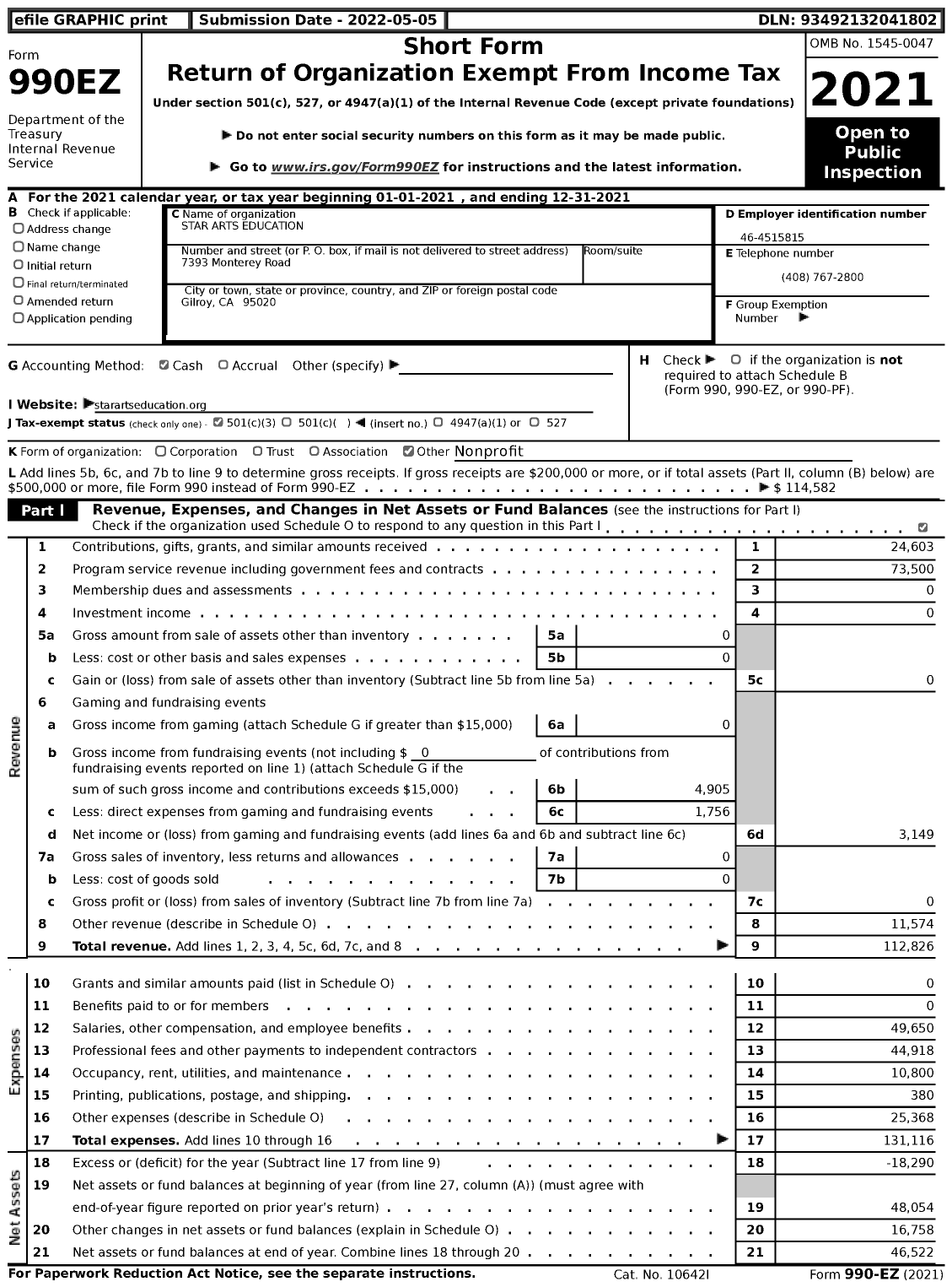 Image of first page of 2021 Form 990EZ for STAR Arts Education