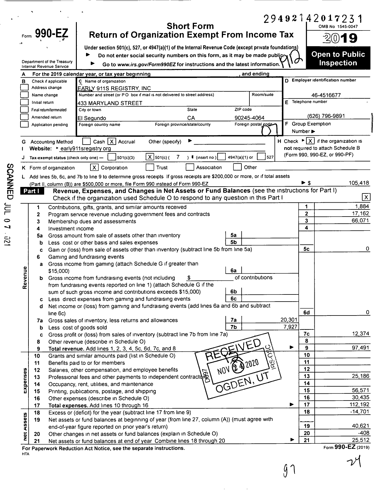 Image of first page of 2019 Form 990EO for Early 911s Registry