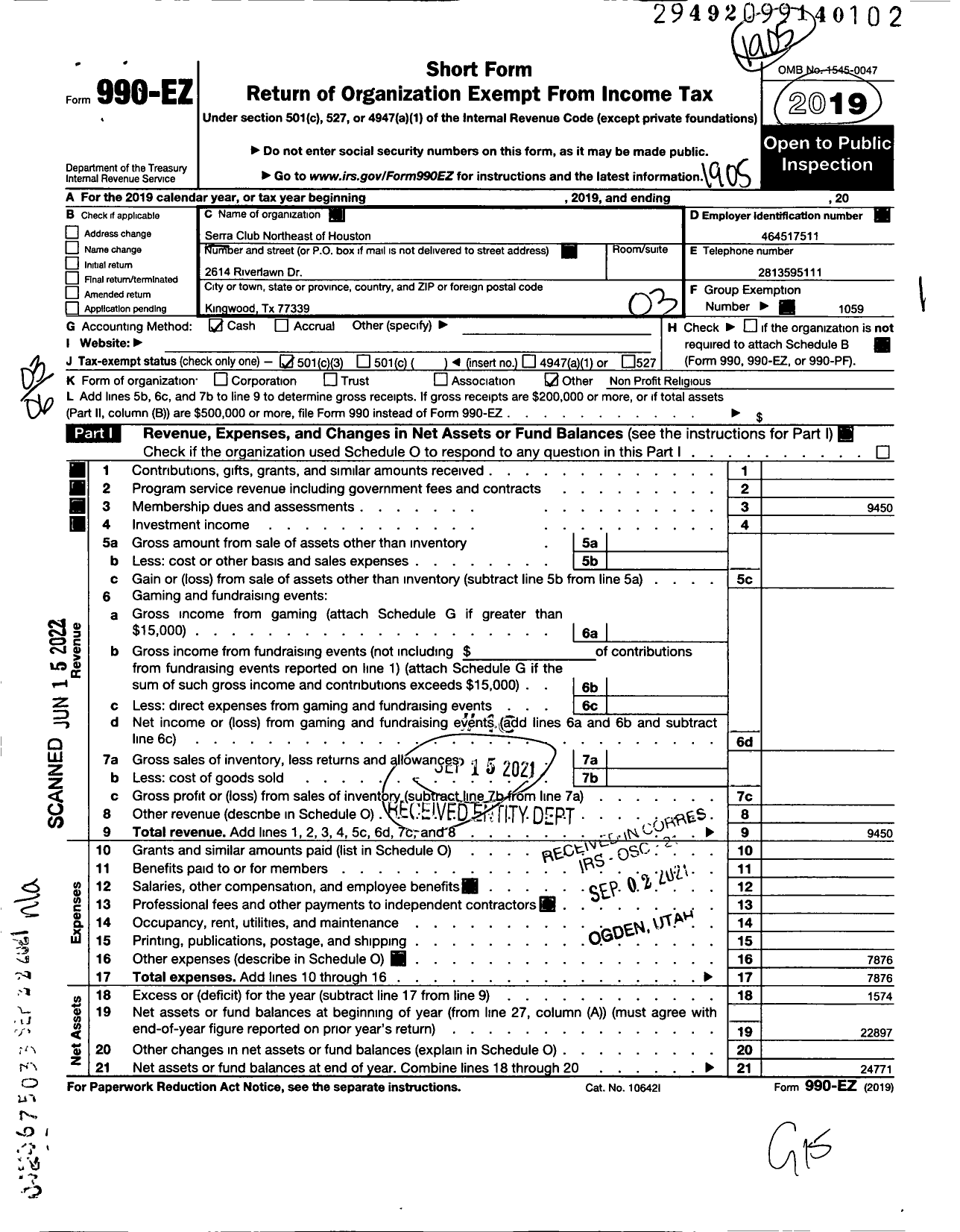 Image of first page of 2018 Form 990EZ for Serra International - 1170 Northeast of Houston Serra Clu